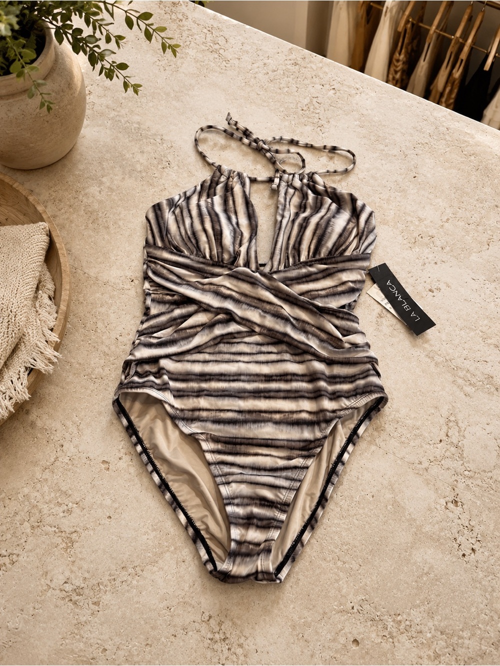 La Blanca Size 8 Black Ivory Tie-Dye Halter One-Piece Swimsuit NWT